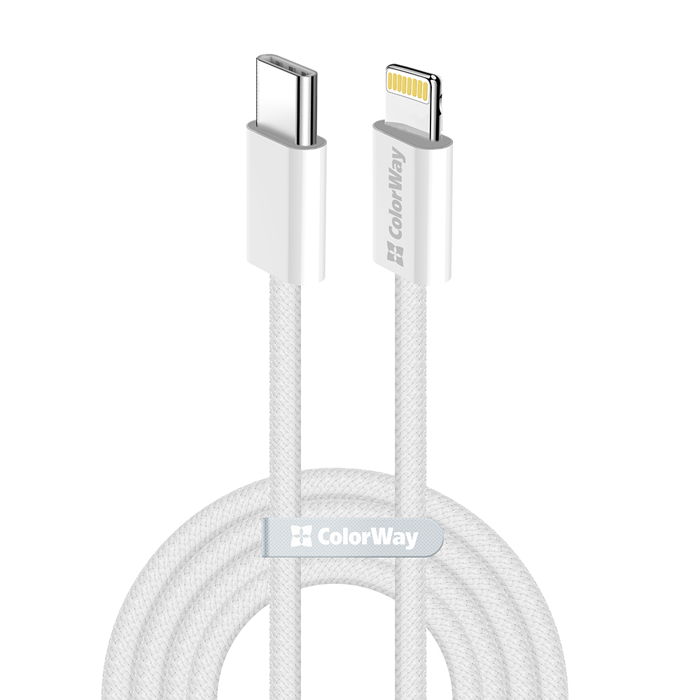 Кабель ColorWay USB Type-C - Lightning PD Fast Charging 27W, тканинна обмотка, 2 м, Сірий