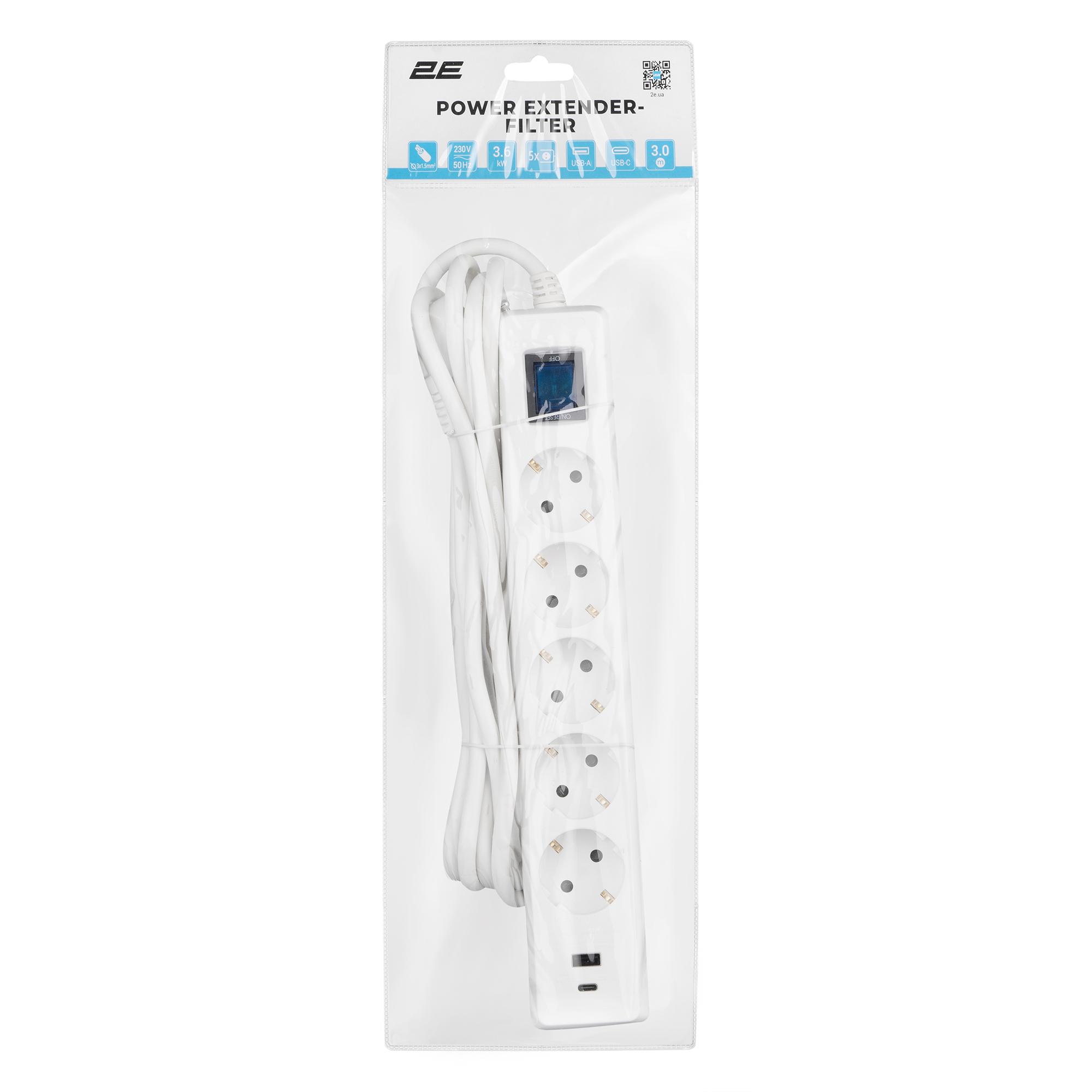 Мережевий фільтр 2E 5хSchuko, 1 х USB, 1 x USB-C, 3 м (2E-SP515M3USBWH) Мережевий фільтр 2E 5хSchuko, 1 х USB, 1 x USB-C, 3 м (2E-SP515M3USBWH)