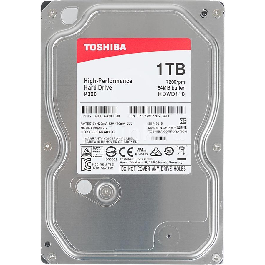 Накопичувач HDD SATA 1.0TB Toshiba P300 7200rpm 64MB (HDWD110UZSVA)