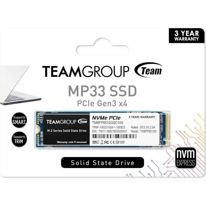 Накопичувач SSD  512GB Team MP33 M.2 2280 PCIe 3.0 x4 3D TLC (TM8FP6512G0C101)