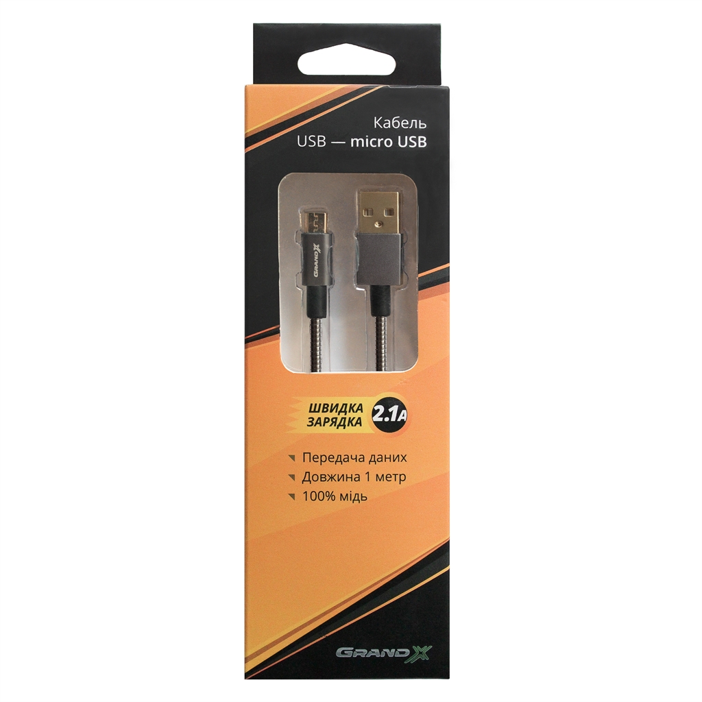 Кабель Grand-X USB - micro USB (M/M), Cu, 2.1A, обплетення метал, 1 м, Black (MM-01)