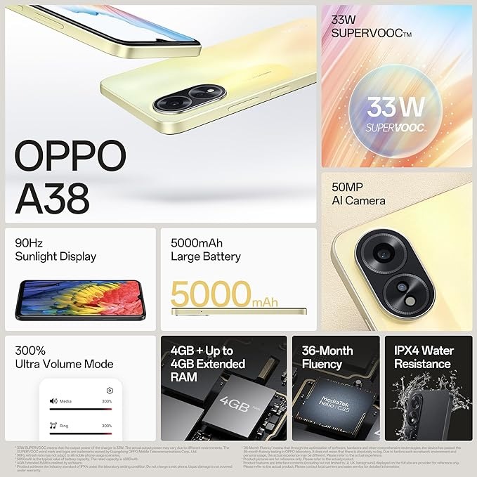 Смартфон Oppo A38 4/128GB Dual Sim Glowing Gold