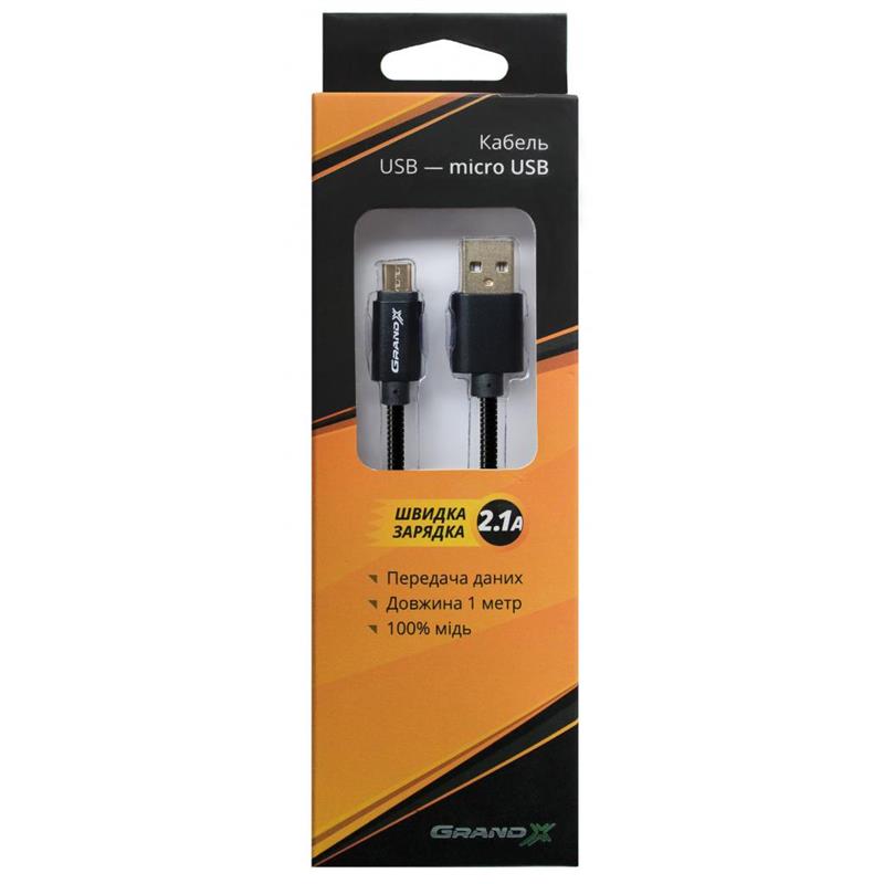 Кабель Grand-X USB - micro USB (M/M), 2.1A, металеве обплетення, 1 м, Black (MM-01B) гіфтбокс з вікном