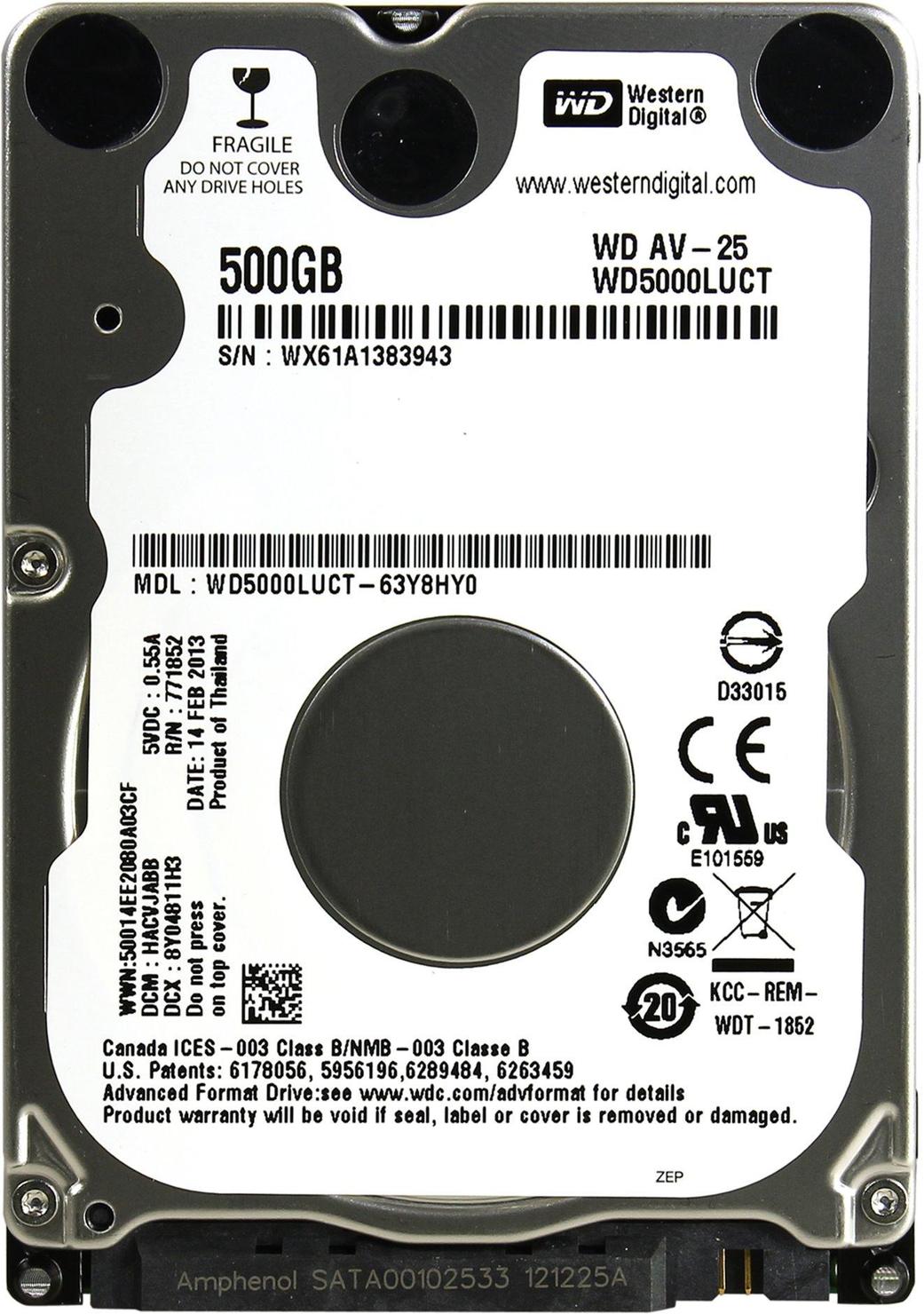 Накопичувач HDD 2.5" SATA  500GB WD AV-25 5400rpm 16MB (WD5000LUCT) Refurbished