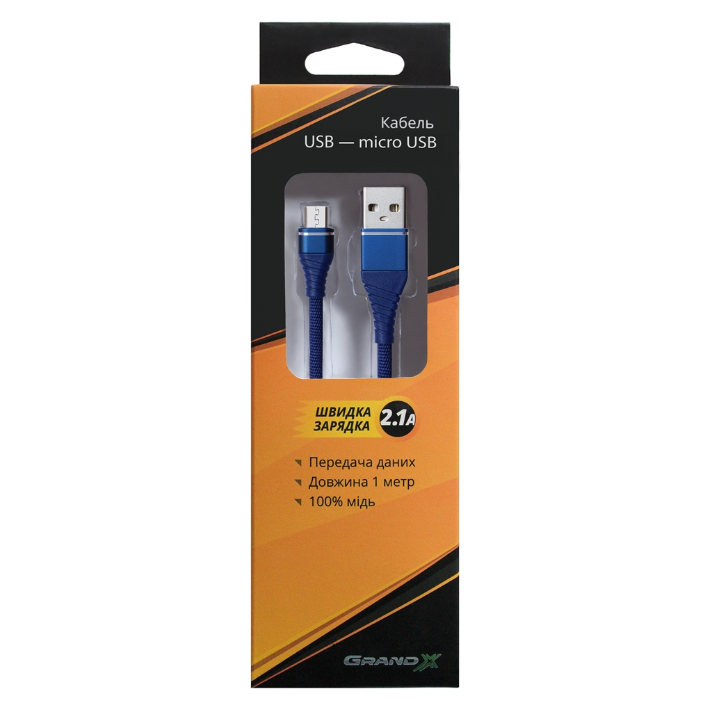 Кабель Grand-X USB - micro USB (M/M), Cu, 2.1 A, 1.2 м, Blue (NM012BL)