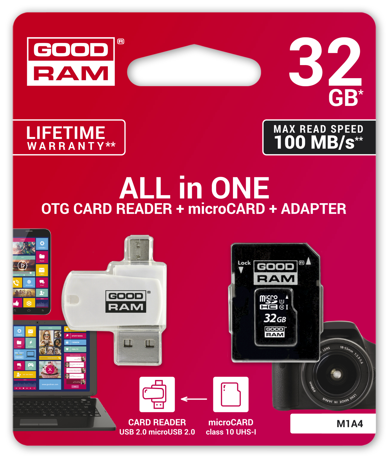 Карта пам`ятi MicroSDHC 32GB UHS-I Class 10 Goodram + SD-adapter + OTG Card reader (M1A4-0320R12)