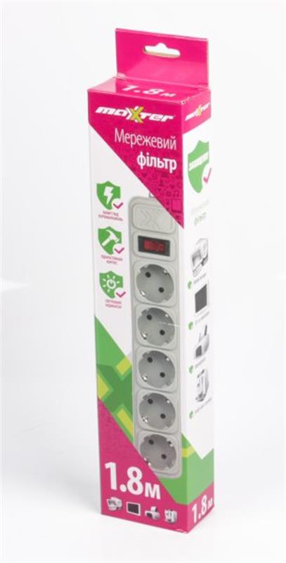 Фільтр живлення Maxxter 5 розеток 1.8м (SPM5-G-6G) сірий Фільтр живлення Maxxter 5 розеток 1.8м (SPM5-G-6G) сірий