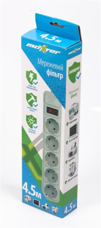 Фільтр живлення Maxxter 5 розеток 4.5м (SPM5-G-15G) сірий Фільтр живлення Maxxter 5 розеток 4.5м (SPM5-G-15G) сірий