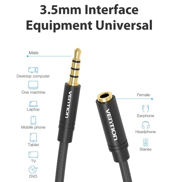 Кабель Vention 3.5 мм - 3.5 мм (M/F), 0.5 м, Black (VAB-B06-B050-M)