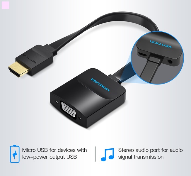 Адаптер Vention Flat HDMI - VGA (M/F), зі звуком і живленням, 0.15 м, чорний (ACKBB)