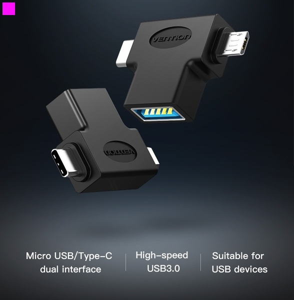 Адаптер Vention USB - USB Type-C + micro USB V 3.0 (F/M) Black (CDIB0)