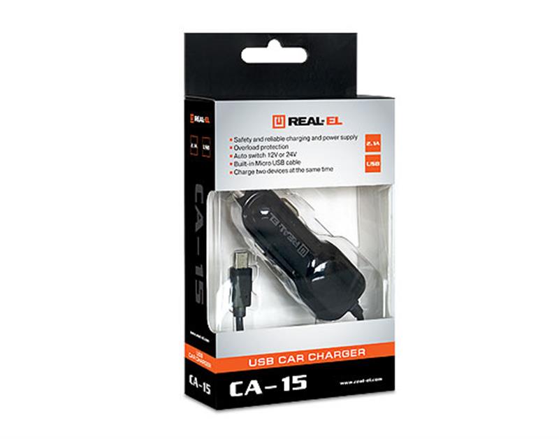 Автомобільний зарядний пристрій REAL-EL CA-15 (2USB, 2.1A) Black + кабель microUSB