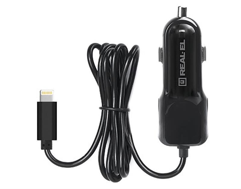 Автомобільний зарядний пристрій REAL-EL CA-17 (2USB, 2.1A) Black + кабель Lightning