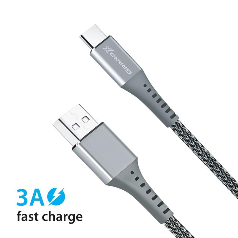 Кабель Grand-X USB - USB Type-C (M/M), 3 A, Fast Сharge, 1.2 м, Grey (FC-12G)