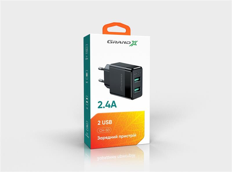 Мережевий зарядний пристрій Grand-X (2xUSB 2.4А) Black (CH-50)