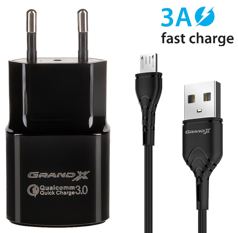 Мережевий зарядний пристрій Grand-X (1xUSB 3.6В-12В/1.5А-3А) Black (CH-550BM) + кабель MicroUSB