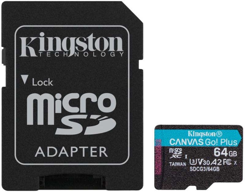 Карта пам`яті MicroSDXC 64GB UHS-I/U3 Class 10 Kingston Canvas Go! Plus R170/W70MB/s + SD-адаптер (SDCG3/64GB)