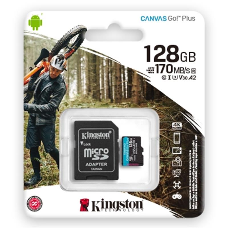 Карта пам`яті MicroSDXC 128GB UHS-I/U3 Class 10 Kingston Canvas Go! Plus R170/W90MB/s + SD-адаптер (SDCG3/128GB)