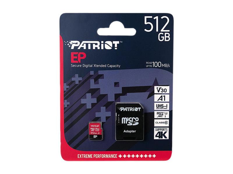 Карта пам`ятi MicroSDXC 512GB UHS-I/U3 Class 10 Patriot EP A1 R90/W80MB/s + SD-adapter (PEF512GEP31MCX)