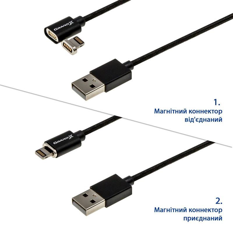 Кабель Grand-X USB - Lightning (M/M), магнітний, 1 м, Black (MG-01L)