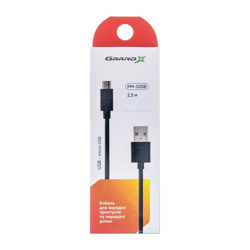 Кабель Grand-X USB - micro USB (M/M), Cu, 2.5 м, Black (PM025B)