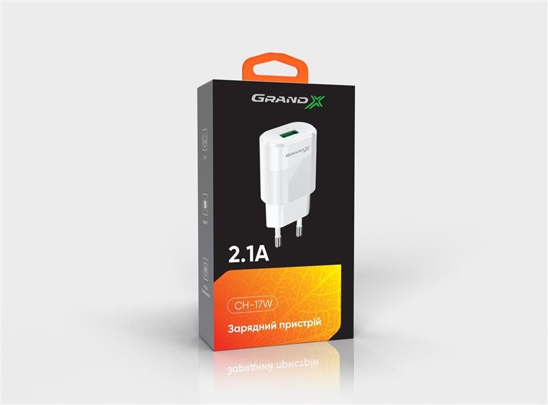 Мережевий зарядний пристрій Grand-X CH-17WL (1xUSB 2.1А) White + кабель Lightning