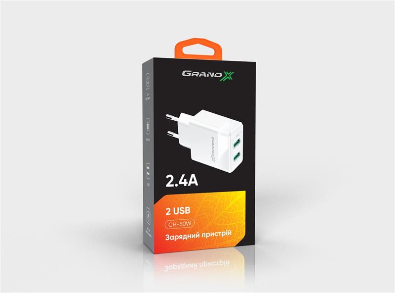 Мережевий зарядний пристрій Grand-X (2xUSB 2.4А) White (CH-50W)