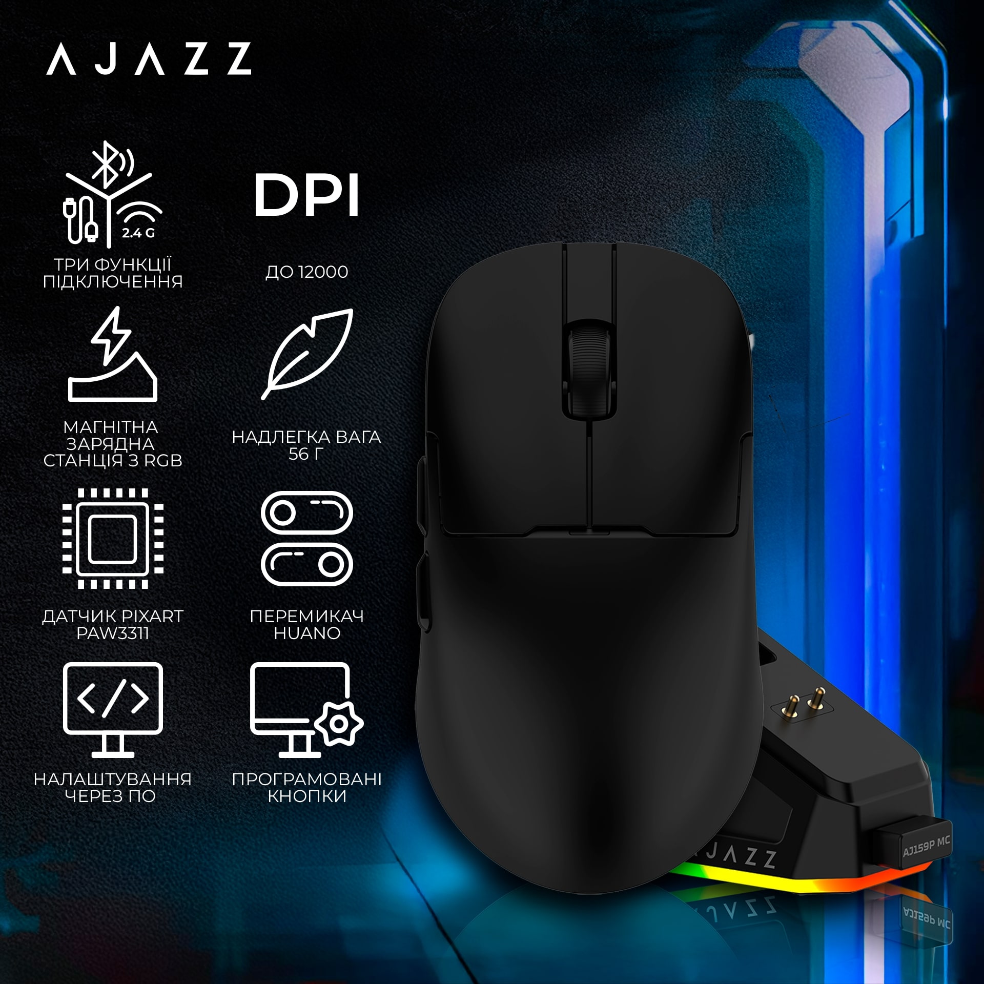 Мышь беспроводная Ajazz AJ159P MC-3 Mod Black (AJ159P-MC-B) Мышь беспроводная Ajazz AJ159P MC-3 Mod Black (AJ159P-MC-B)
