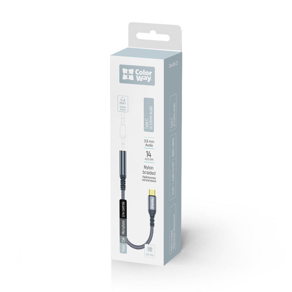 Адаптер ColorWay USB Type-C - 3.5 мм (M/F), 0.14 м, Gray (CW-AD-CJ) Адаптер ColorWay USB Type-C - 3.5 мм (M/F), 0.14 м, Gray (CW-AD-CJ)