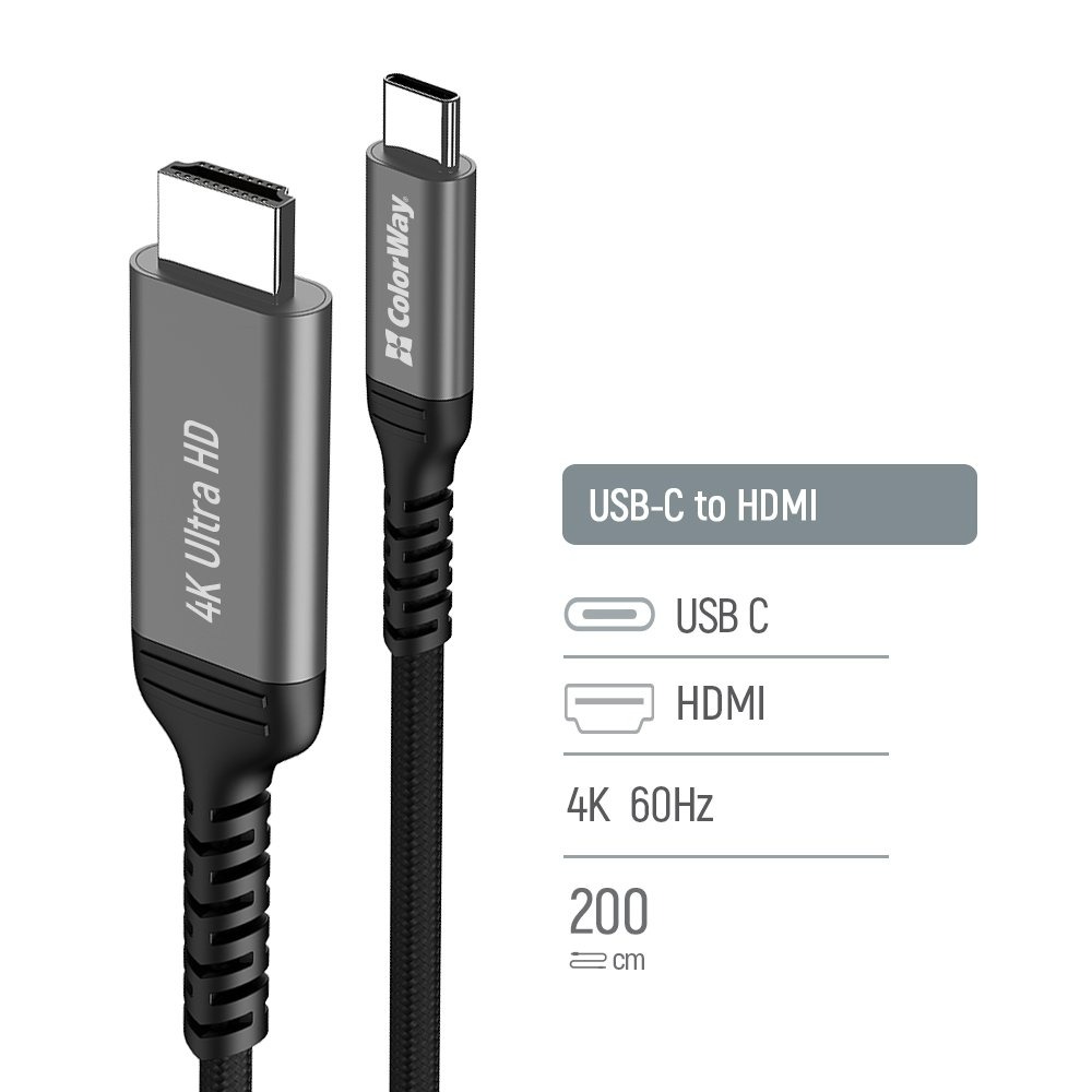 Кабель ColorWay HDMI - USB Type-C (M/M), 4K/60 Гц, 2 м, Black (CW-CBCHD077-BK) Кабель ColorWay HDMI - USB Type-C (M/M), 4K/60 Гц, 2 м, Black (CW-CBCHD077-BK)