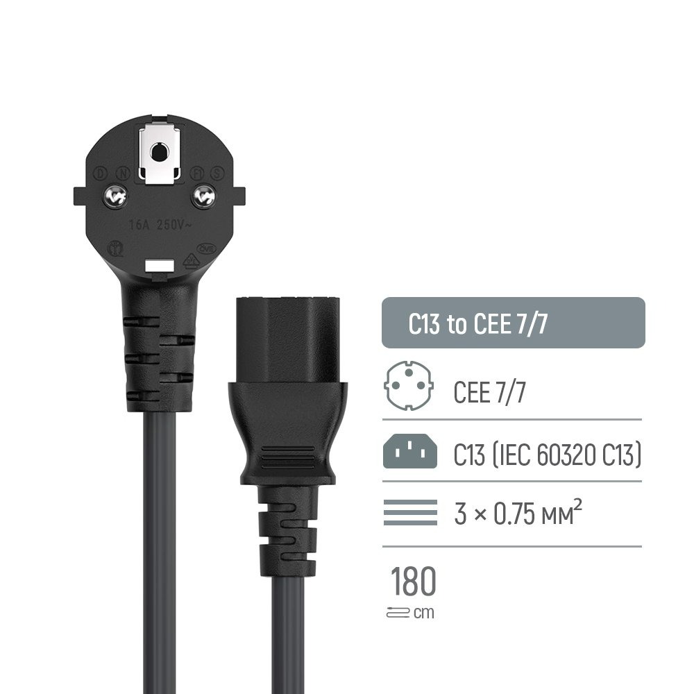 Кабель живлення ColorWay CEE7/7-C13, 1.8 м, Black (CW-CBP082-BK) Кабель живлення ColorWay CEE7/7-C13, 1.8 м, Black (CW-CBP082-BK)