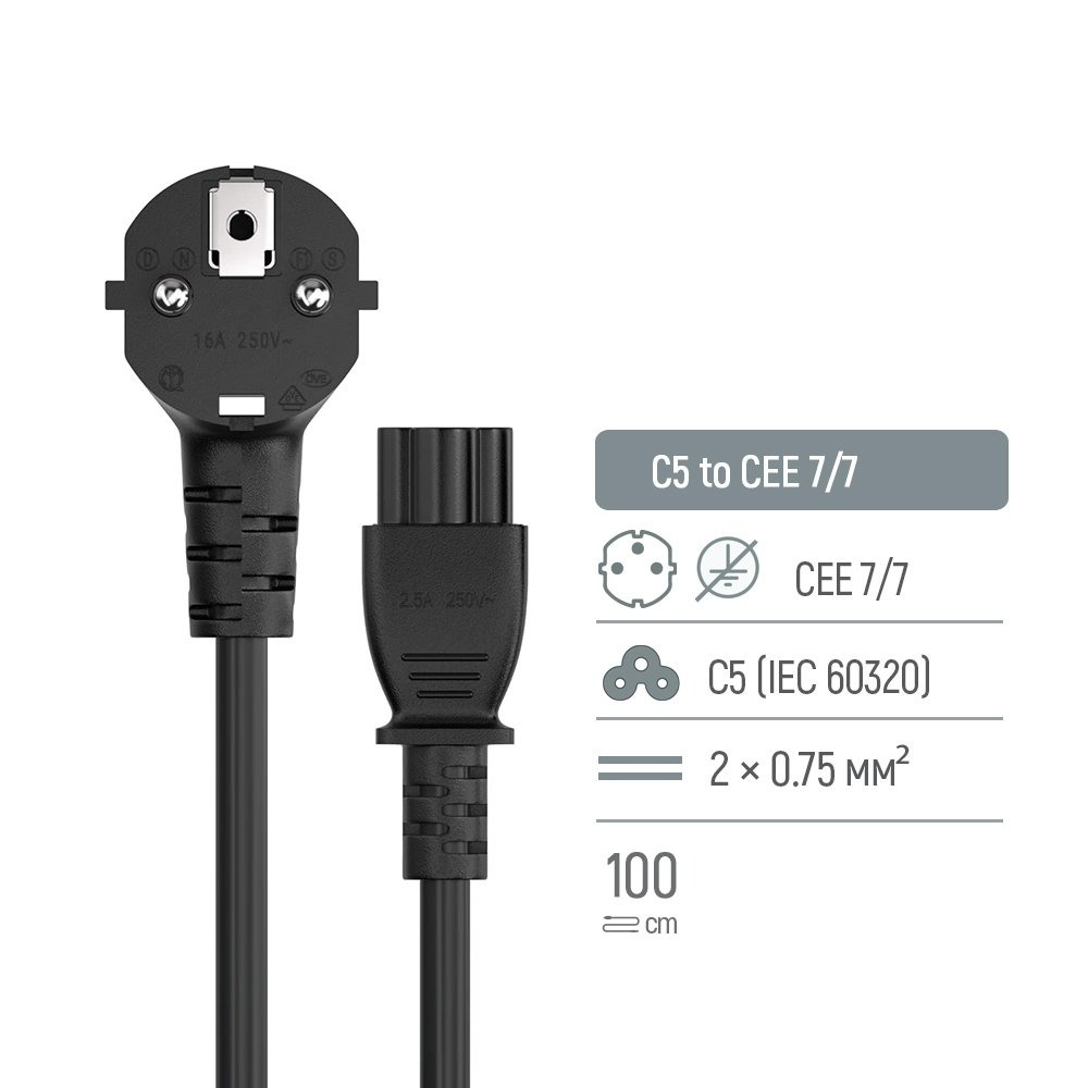 Кабель живлення ColorWay CEE7/7-C5, 1 м, Black (CW-CBP084-BK) Кабель живлення ColorWay CEE7/7-C5, 1 м, Black (CW-CBP084-BK)