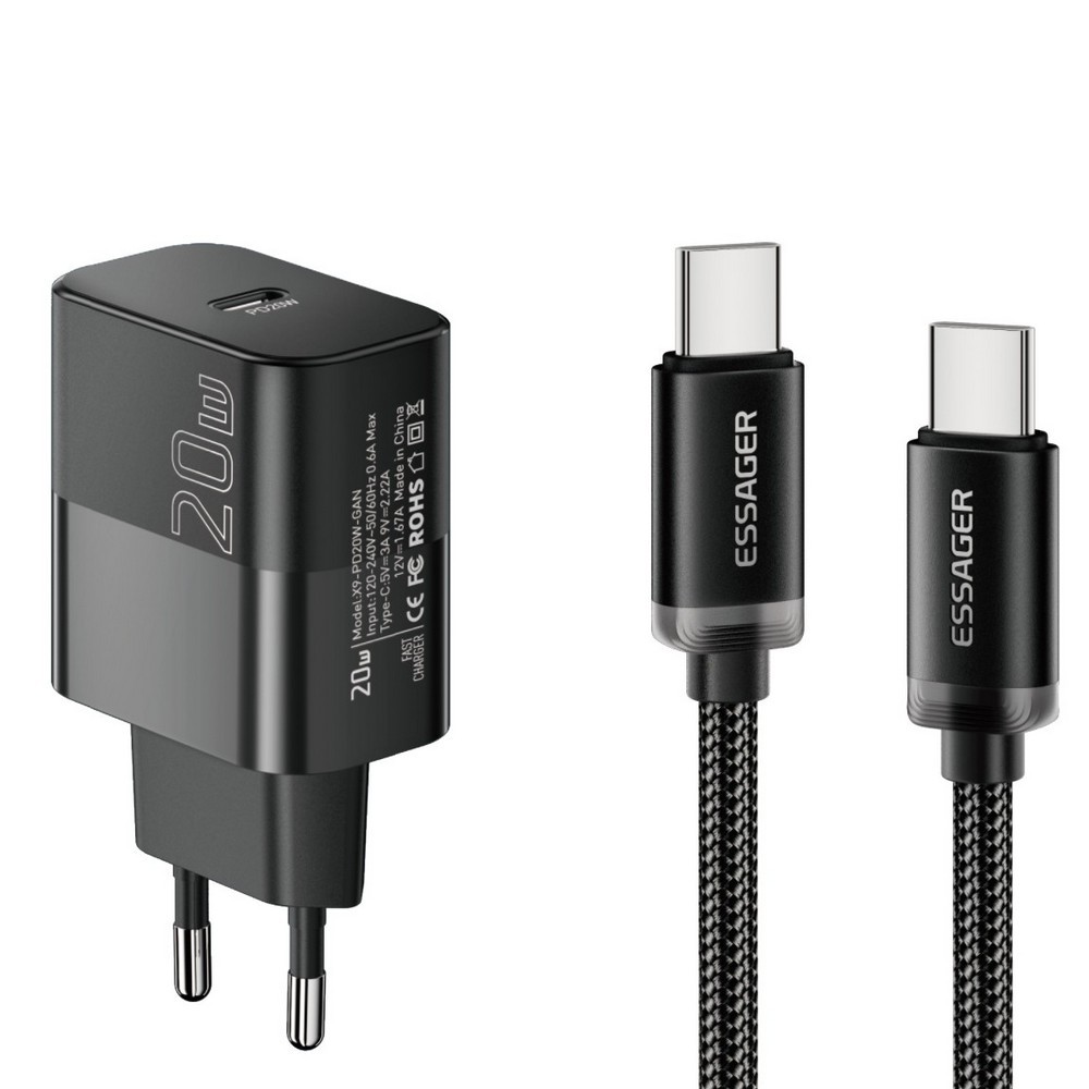 Мережевий зарядний пристрій Essager Travel Charger 20W USB-C Швидка зарядка Чорний
