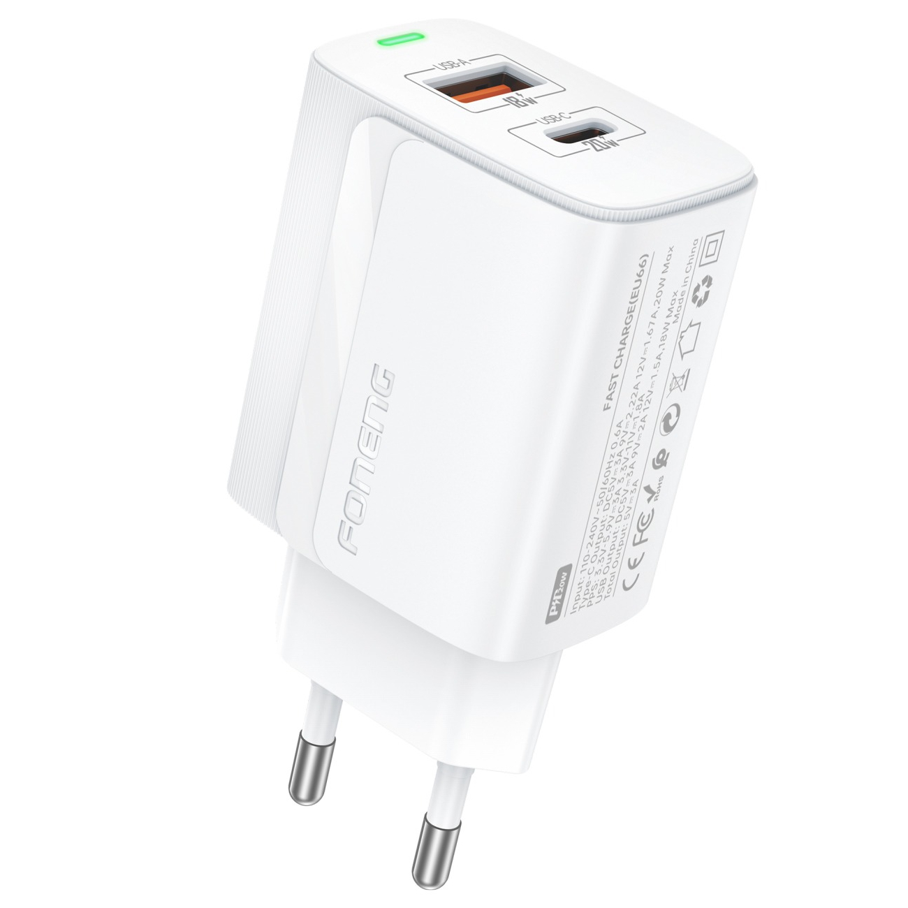 Зарядний пристрій Foneng EU66 (USBх3A, USB-Cх3A) 20W White (EU66-CH-W)