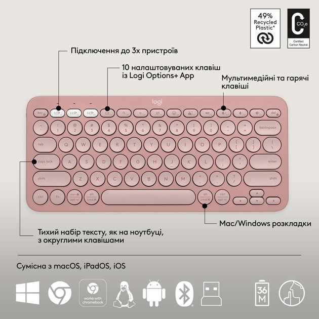 Комплект (клавіатура, миша) бездротовий Logitech Pebble 2 Combo Rose (920-012241)