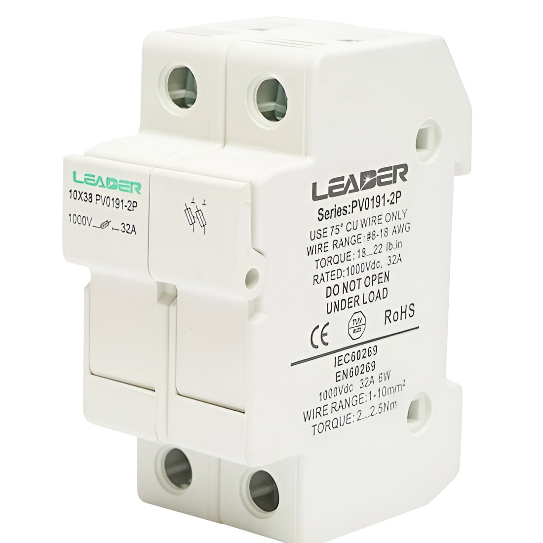 Тримач запобіжника Leader DC2Р 10x38мм  32А/1000В (PV0191-2P)
