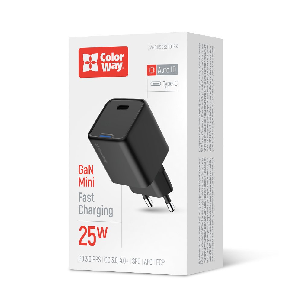 Мережевий зарядний пристрій ColorWay GaN Mini 25W PD PPS Чорний