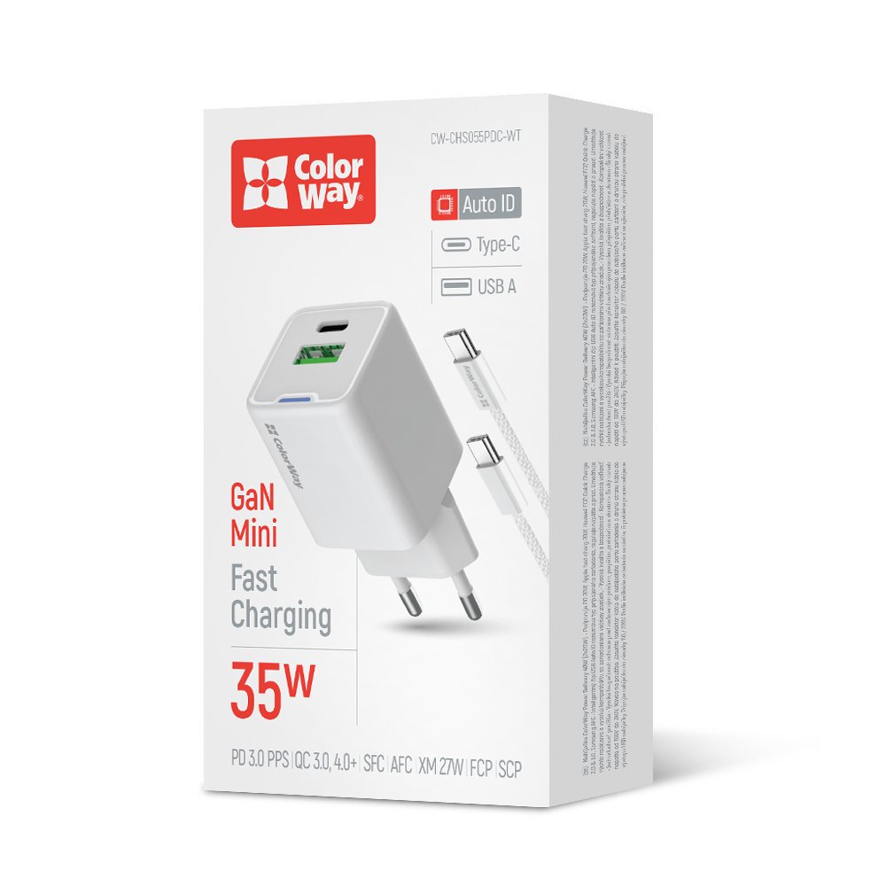 Мережевий зарядний пристрій ColorWay GaN Mini 35W PD PPS USB Білий