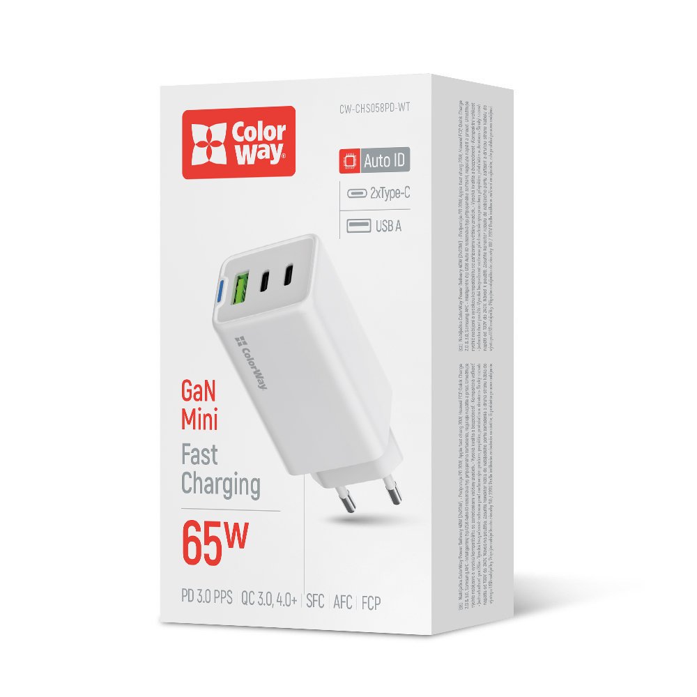 Мережевий зарядний пристрій ColorWay GaN Mini 65W PD Port PPS USB (USB-2C1A) Білий