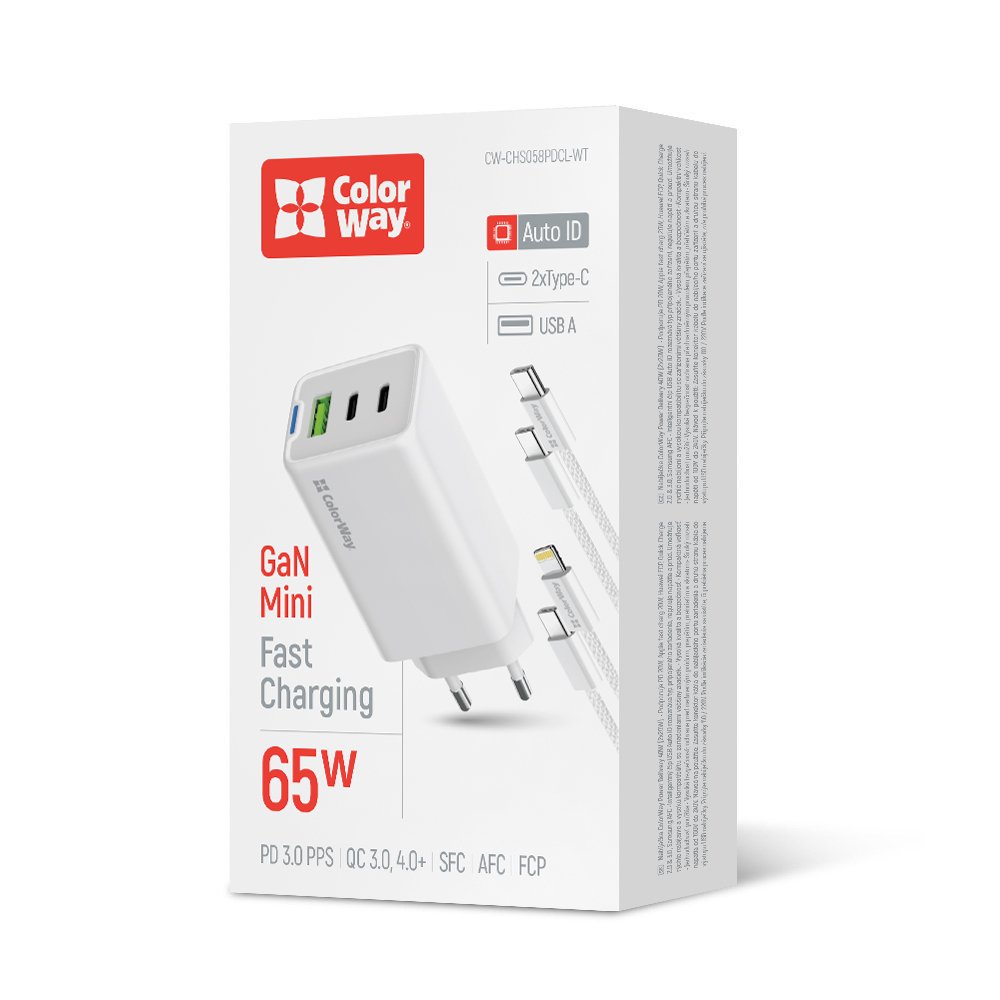 Мережевий зарядний пристрій ColorWay GaN Mini 65W PD PPS USB Білий