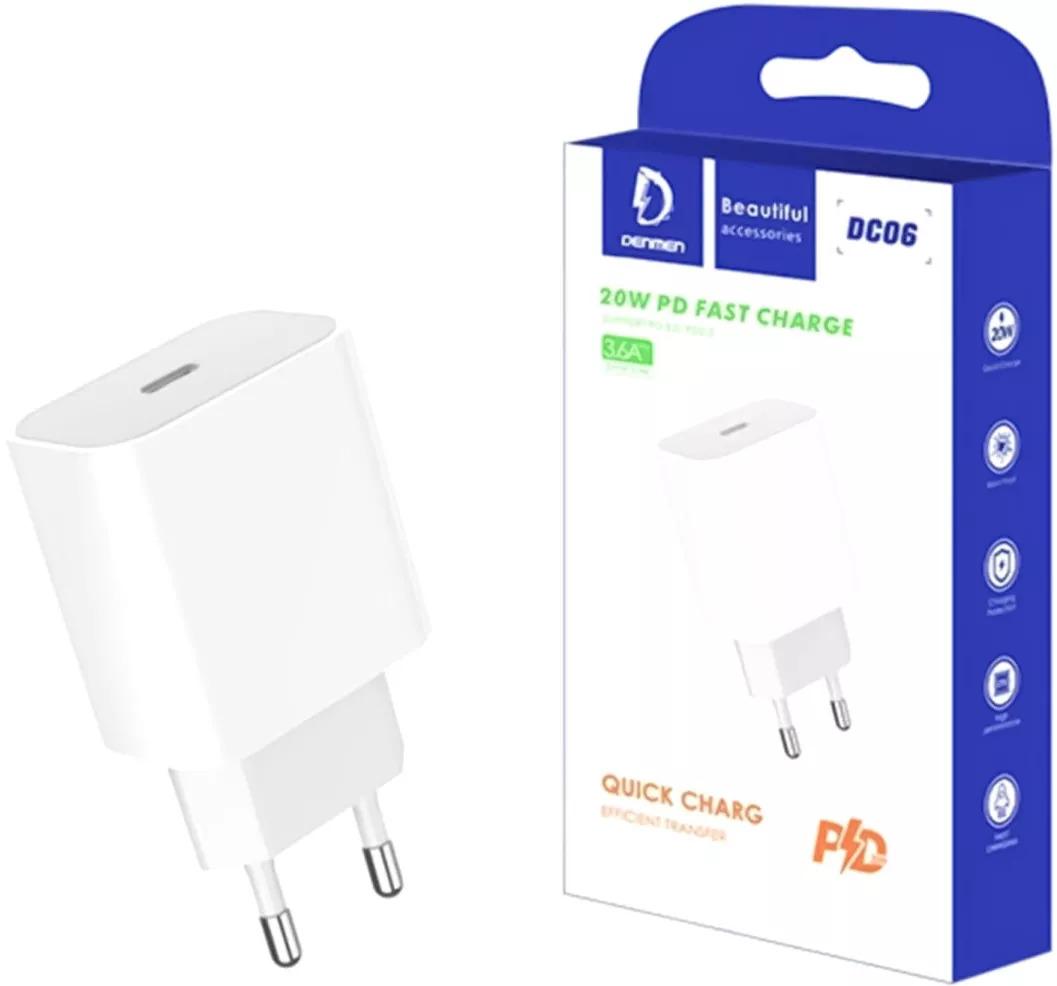 Мережевий зарядний пристрій Denmen DC06 (1USB 3.6A) PD20W+QC3.0 White (DM-DC06-WH)