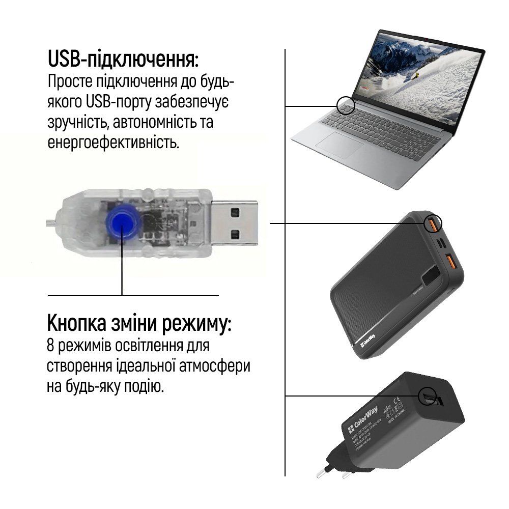 Світлодіодна гірлянда ColorWay (CW-G-100L10NU) 100LED, 10м, 8 функцій, теплий колір USB