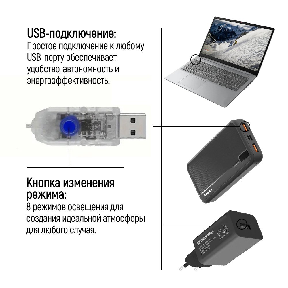 Світлодіодна гірлянда ColorWay (CW-G-320L10U) 320LED, 10м, 8 функцій, теплий колір USB