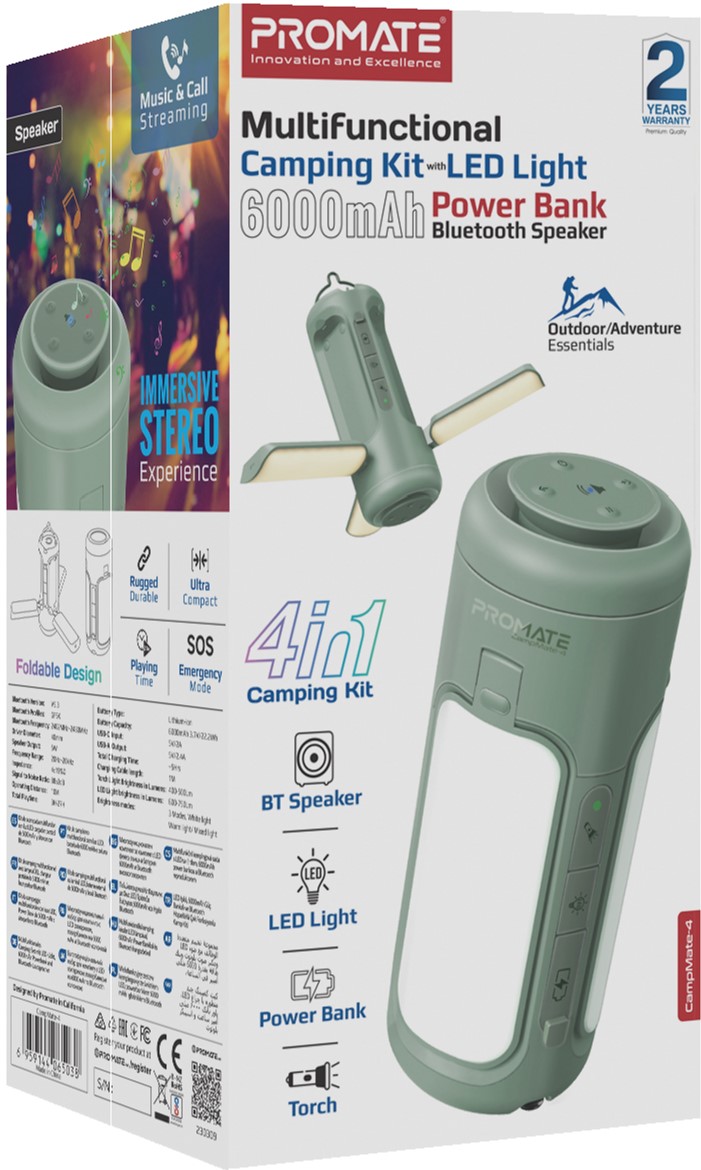 Фонарик кемпинговый Promate с Bluetooth колонкой и встроенным повербанком на 6000 мАч Green (campmate-4) Фонарик кемпинговый Promate с Bluetooth колонкой и встроенным повербанком на 6000 мАч Green (campmate-4)