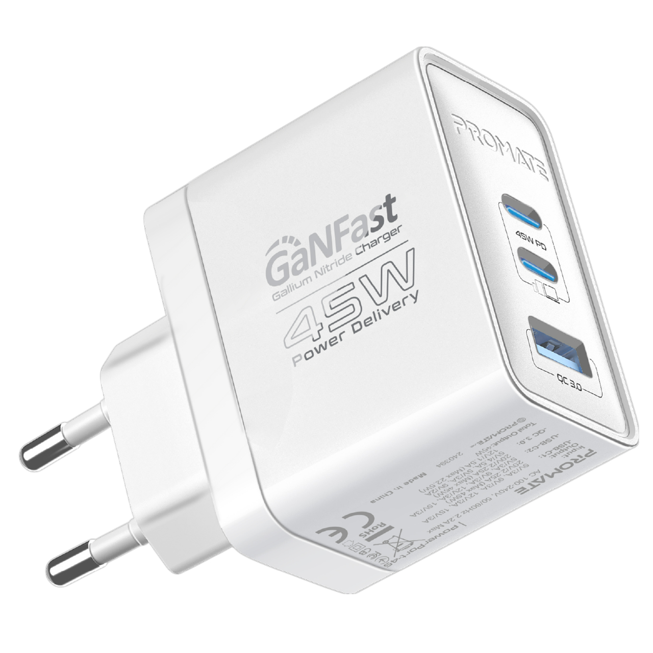 Мережевий зарядний пристрій Promate PowerPort 45W GaN Білий